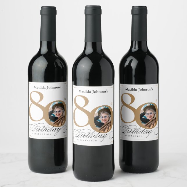 80th Birthday Elegant Gold White Custom Photo Wine Label (Bottles)