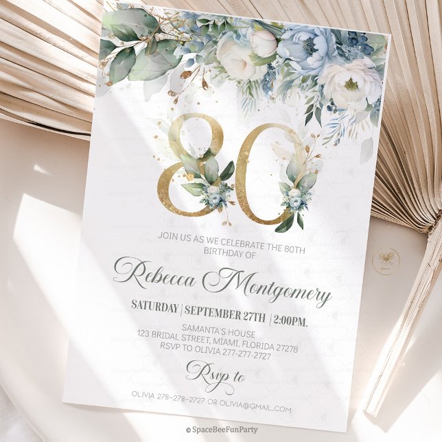 80th birthday Elegant Milestone invitation (80th birthday invitation, editable sage green invitation, elegant floral design,  year old brunch, 8)