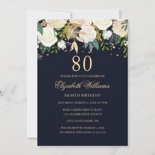 80th Birthday Elegant Navy Gold Floral Invitation (Front)