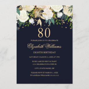 80th Birthday Elegant Navy Gold Floral Invitation