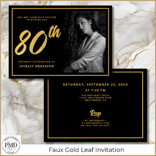 80th Birthday Elegant Photo Black Faux Gold Leaf Invitation