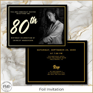 80th Birthday Elegant Photo Black Gold Foil Invitation