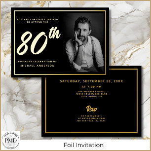 80th Birthday Elegant Photo Black Gold Foil Invitation