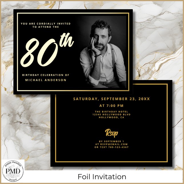 80th Birthday Elegant Photo Black Gold Foil Invitation (80th Birthday Black and Gold Photo Invitation with Gold Foil, Party Details on the Back.)