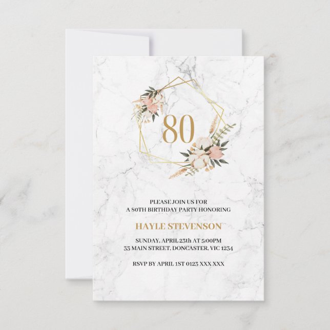 80th Birthday Elegant Pink Floral White Marble Invitation (Front)