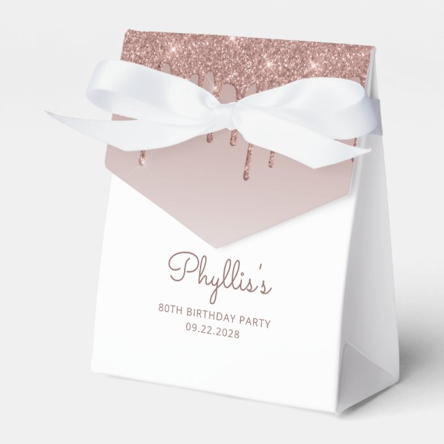 80th Birthday Elegant Rose Gold Glitter Drip Favor Boxes (Front Side)