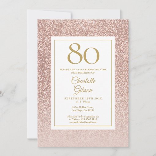 80th Birthday Elegant Rose Gold Glitter Invitation | Zazzle