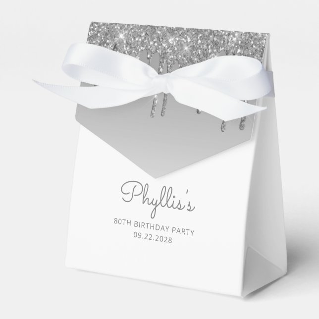 80th Birthday Elegant Silver Glitter Drip Script Favor Boxes (Front Side)