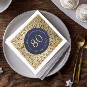 80th Birthday Elegant Vintage Gold Roses Navy Blue Napkins