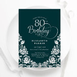 80th Birthday Emerald Green Silver Roses Invitation<br><div class="desc">Emerald green silver elegant 80th birthday party invitation. Classy design featuring roses,  faux silver foil and typography script font. Trendy invite card perfect for a stylish female bday celebration. Personalize with your own details. Can be customized to any age. Printed Zazzle invitations or instant download digital printable template.</div>