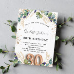 80th birthday eucalyptus greenery glitter elegant invitation<br><div class="desc">For a 80th birthday party. A white background decorated with eucalyptus greenery and golden leaves. Golden faux glitter spots. Personalize and add your names and wedding details. Black and golden colored letters. Number 80 is written with balloon style font.
Back: white background and golden faux glitter spots</div>