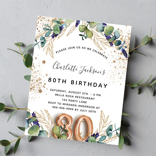 80th birthday eucalyptus greenery glitter elegant invitation postcard