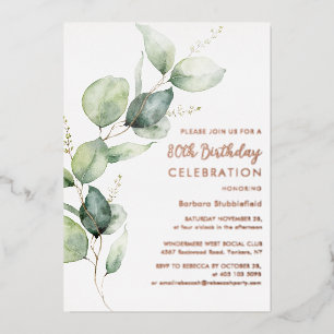 80th Birthday Eucalyptus Script Party Foil Invitation