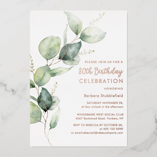 80th Birthday Eucalyptus Script Party Foil Invitation (Front)