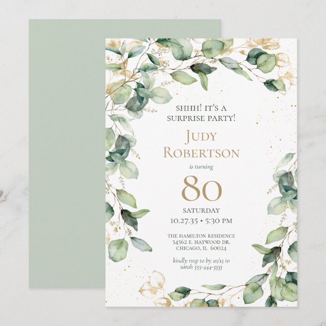 80th Birthday Eucalyptus Surprise Birthday Party Invitation (Front/Back)