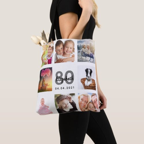 80th birthday family photo collage woman white tote bag