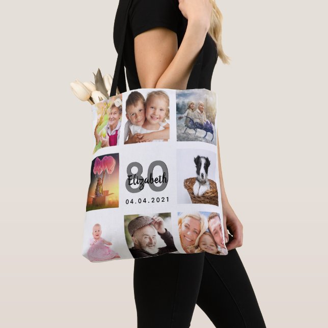 80th birthday family photo collage woman white tote bag (Close Up)