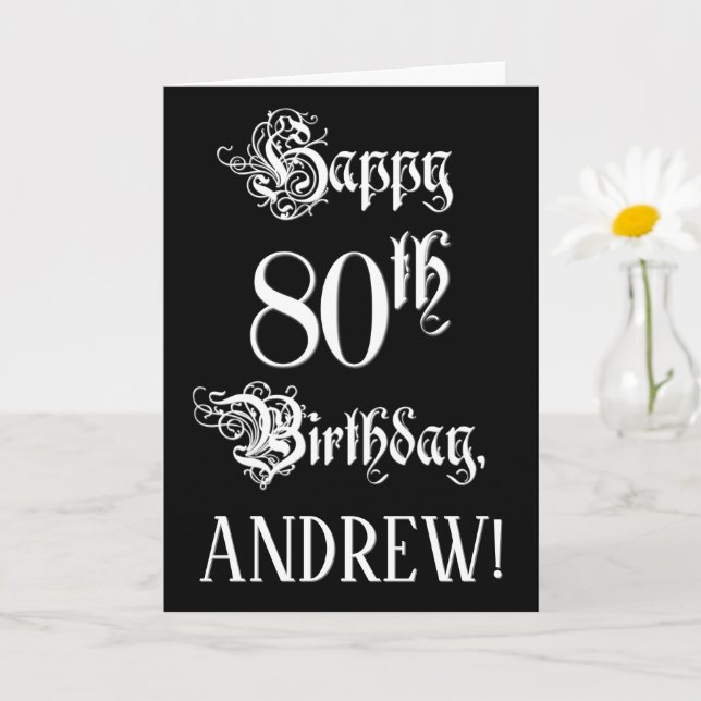 80th Birthday: Fancy, Elegant Script + Custom Name Card (Small Plant)