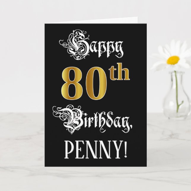 80th Birthday — Fancy Script; Faux Gold Look; Name Card (Small Plant)