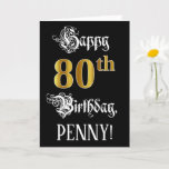 [ Thumbnail: 80th Birthday — Fancy Script; Faux Gold Look; Name Card ]
