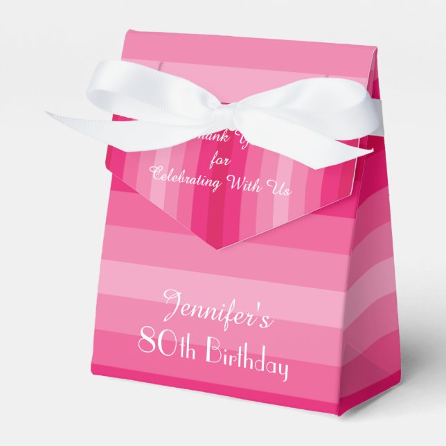 80th Birthday Favor Box, Pink Stripes Favor Boxes (Front Side)