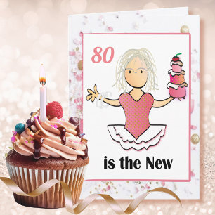 80th Birthday Female Cartoon Funny Sweet Pink Card
