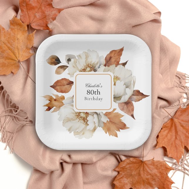 80th Birthday Feminine Fall Floral Paper Plates (Creator Uploaded)