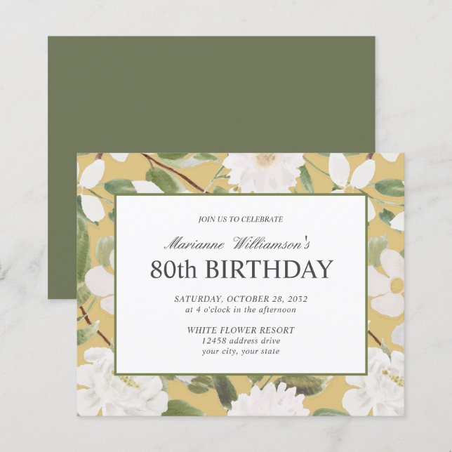 80th Birthday Feminine White Flowers Yellow (Front/Back)
