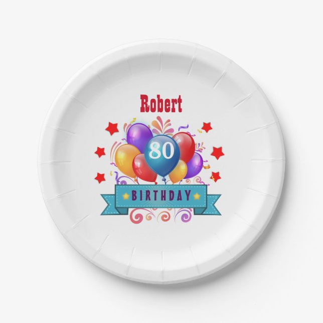 80th Birthday Festive Colorful Balloons C01HZ Paper Plates (Front)