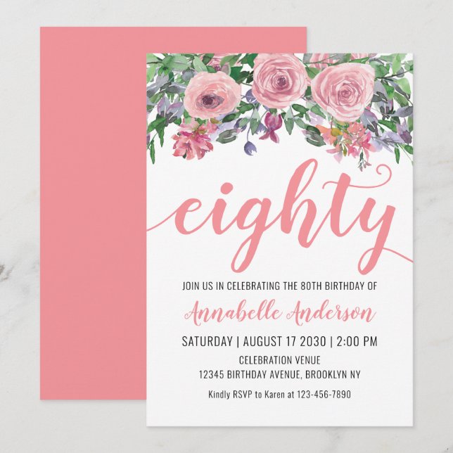 80th Birthday Floral Blush Pink Watercolor Rustic Invitation (Front/Back)