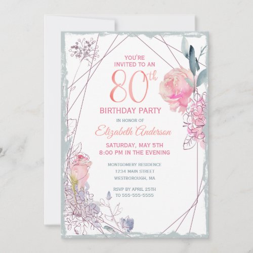 80th Birthday Floral Blush Rose Watercolor Party Invitation