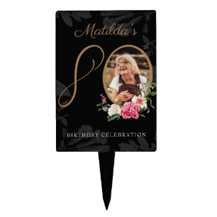 80th Birthday Floral Botanical Black Gold Custom Cake Topper