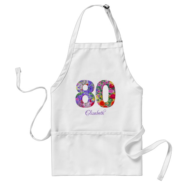 80th birthday floral colorful name adult apron (Front)