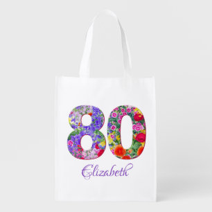 80th birthday floral colorful name grocery bag