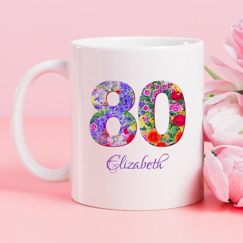 80th birthday floral colorful name mug