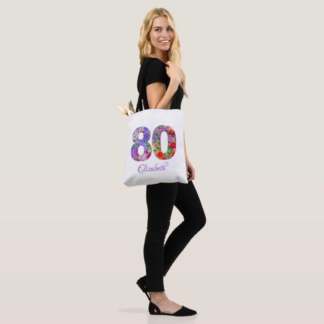 80th birthday floral colorful name tote bag (On Model)
