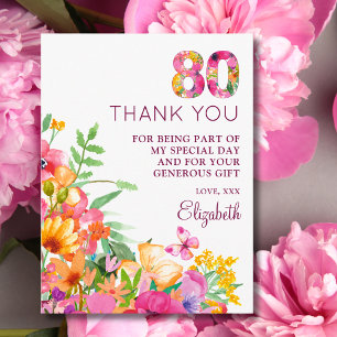 80th Birthday Floral Elegant Butterfly Thank You Announcement Postcard