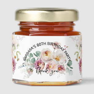 80th Birthday Floral Favor Thank you Name Date  Honey Jar Favors