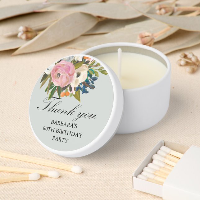 80th Birthday Floral Favor Thank you Name Date Mini Candle Favors (Creator Uploaded)
