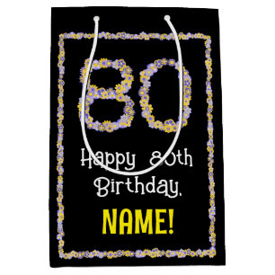 80th Birthday: Floral Flowers Number, Custom Name Medium Gift Bag