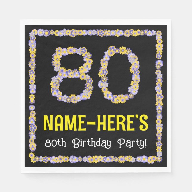 80th Birthday: Floral Flowers Number, Custom Name Napkins (Front)