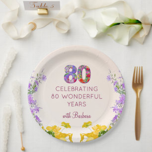 80th birthday floral modern 80 years party elegant paper plates