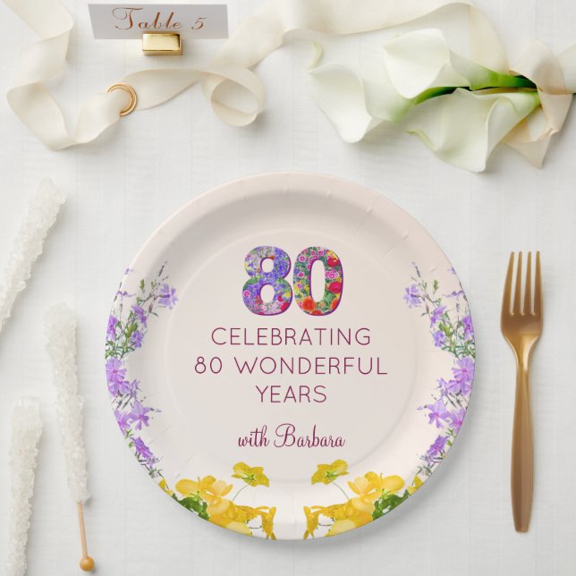 80th birthday floral modern 80 years party elegant paper plates (Wedding)