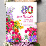 80th birthday floral modern Save The Date postcard<br><div class="desc">Celebrate a milestone in full bloom with this vibrant 80th birthday Save the Date postcard, featuring a colorful floral-filled “80” and a bright garden border. ✨ New version available — same cheerful design with improved layout and editable back text. 👉 To find it, simply enter this code in the Zazzle...</div>