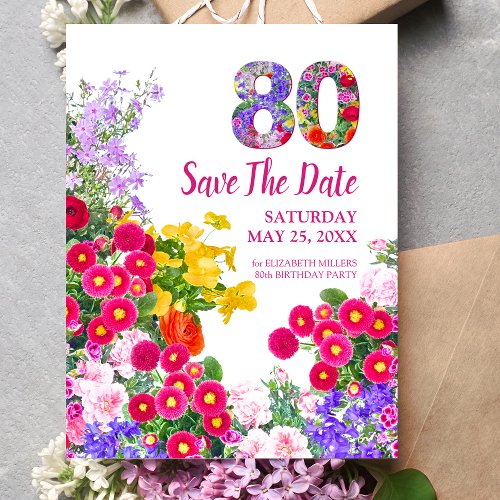 80th birthday floral modern Save The Date postcard
