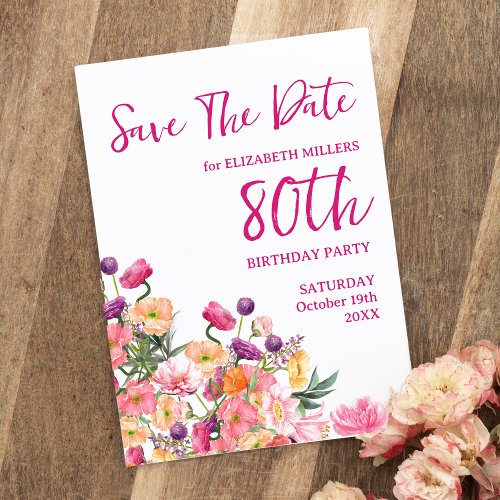 80th birthday floral modern Save The Date postcard