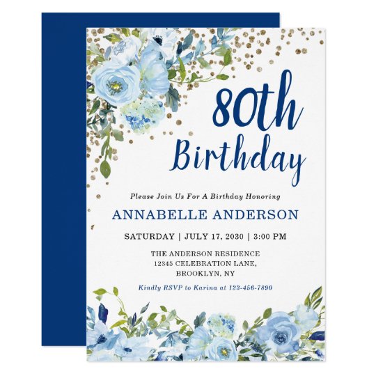 80th Birthday Floral Navy Blue Gold Glitter Dots Invitation | Zazzle.com