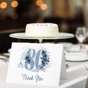 80th Birthday Floral Number Coastal Blue Letterpress Thank You Card