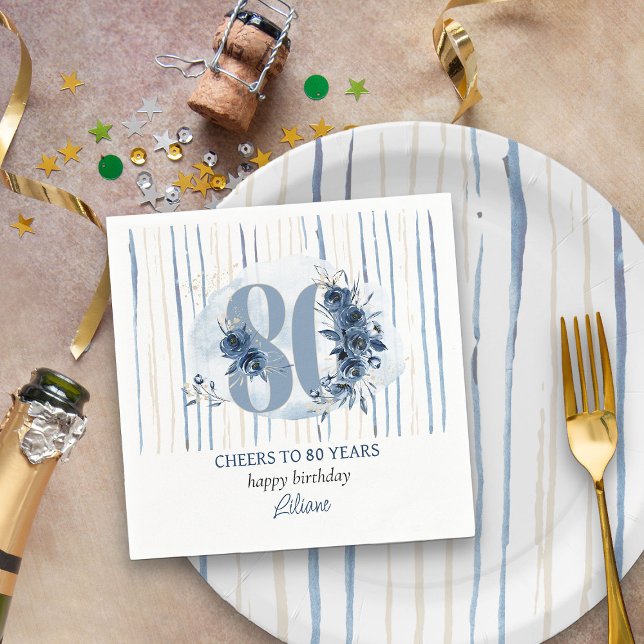 80th Birthday Floral Number Coastal Blue Stripe Napkins (80th Birthday Napkins from my Floral Number Milestone Birthday Collection)