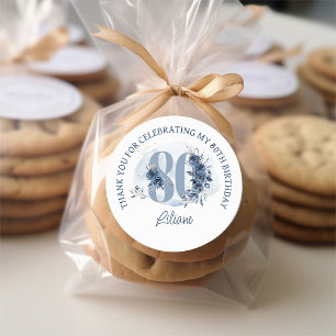 80th Birthday Floral Number Coastal Blue Thank You Classic Round Sticker